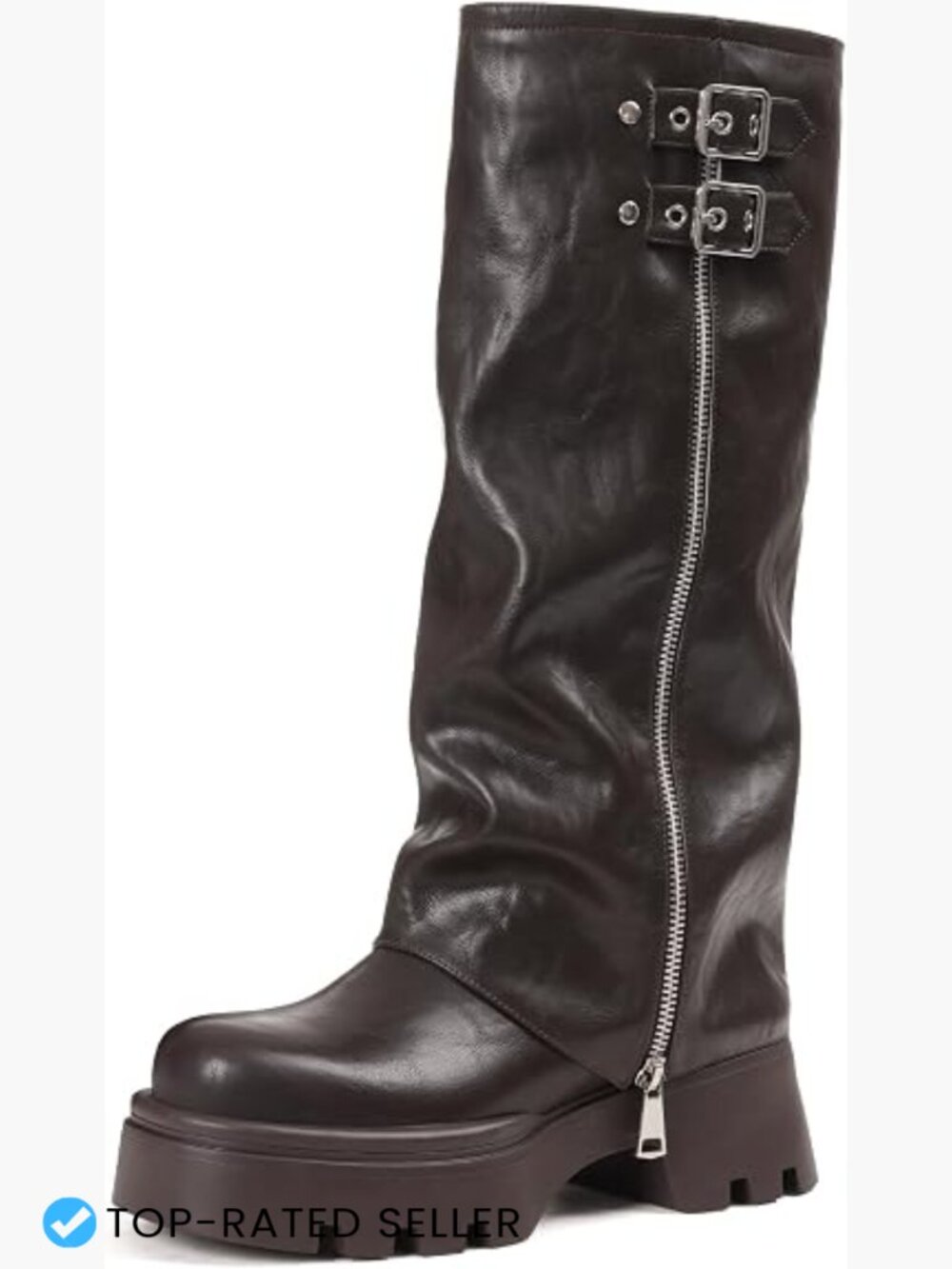 Knee High Fold Over Boots Chunky Platform Lug Sole Round Toe Goth Moto Combat